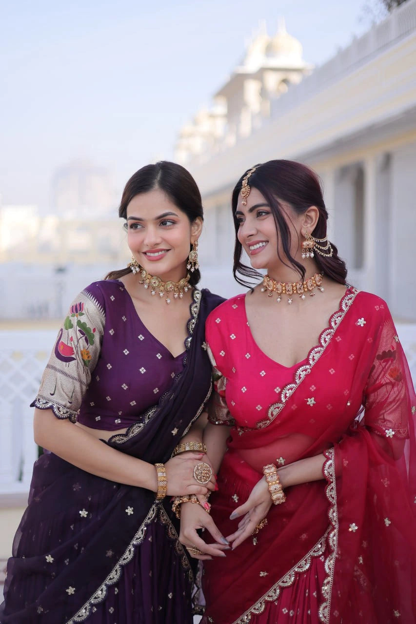 Two women in traditional sarees standing together outdoors with a building in the background.