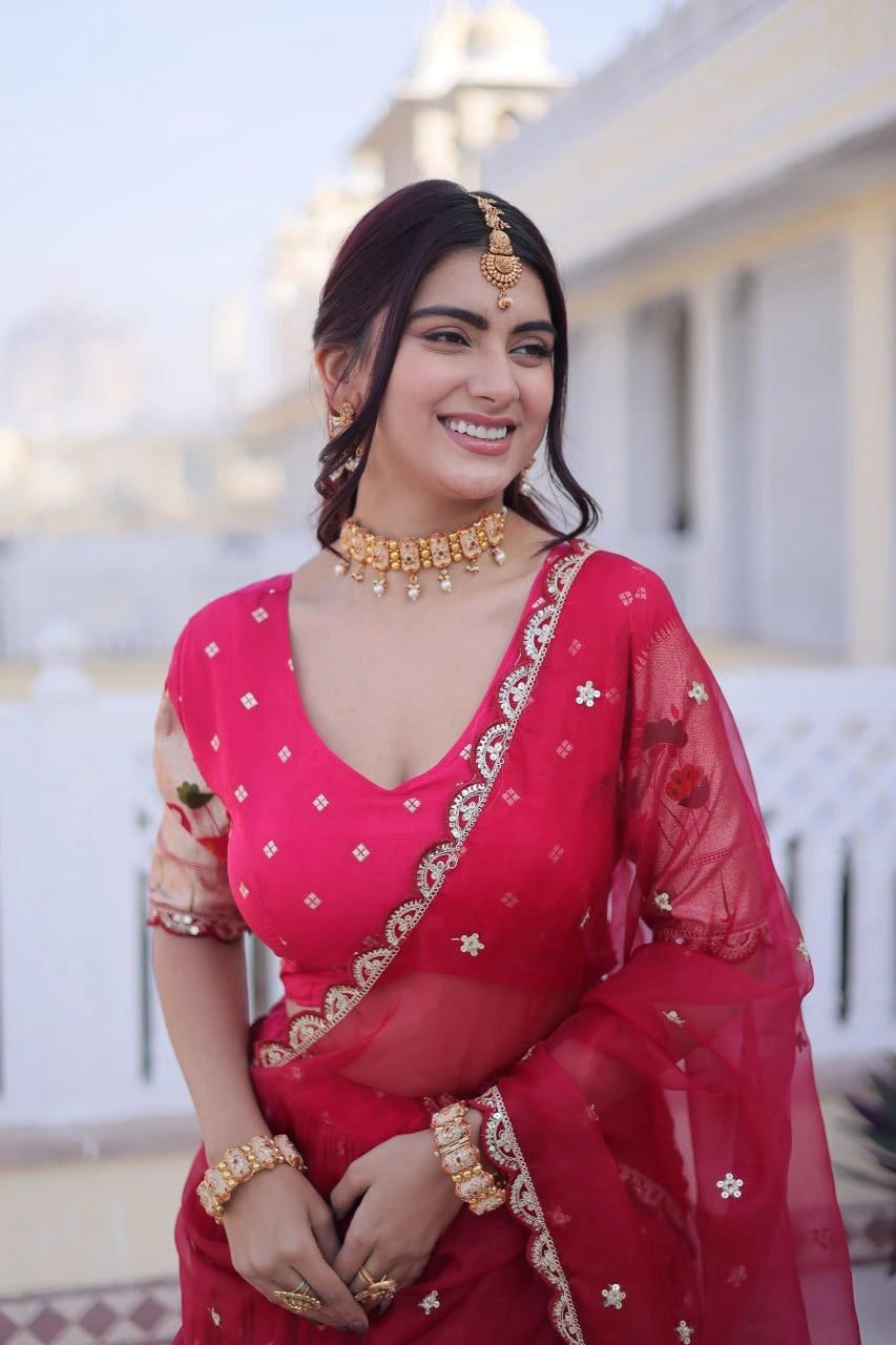 Woman in a pink saree with gold jewelry outdoors