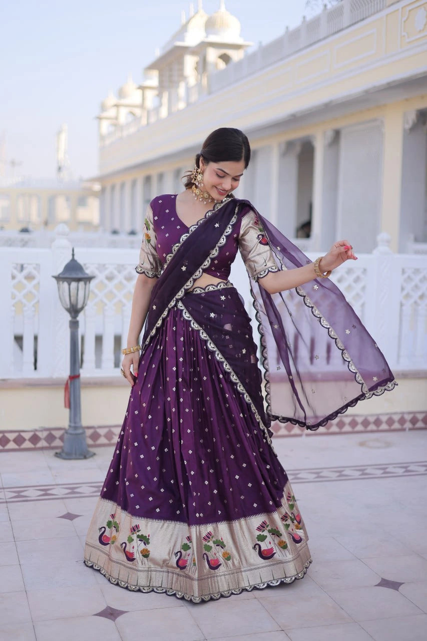 dark purple pink lace work dola silk lehenga