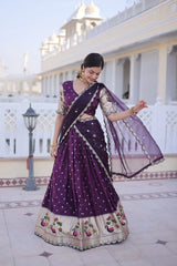 dark purple pink lace work dola silk lehenga