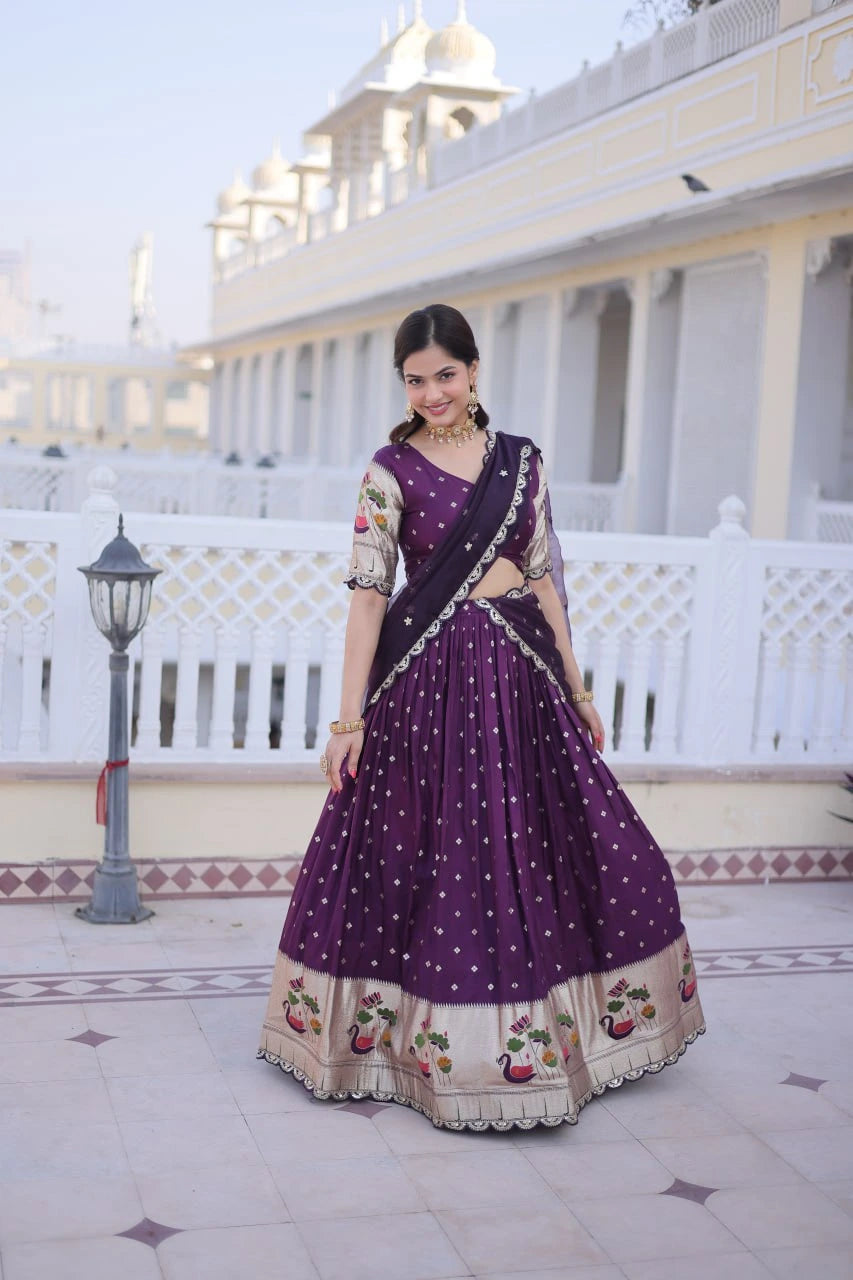 Dark Purple Pink Lace Work Dola Silk Lehenga