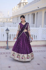 dark purple pink lace work dola silk lehenga