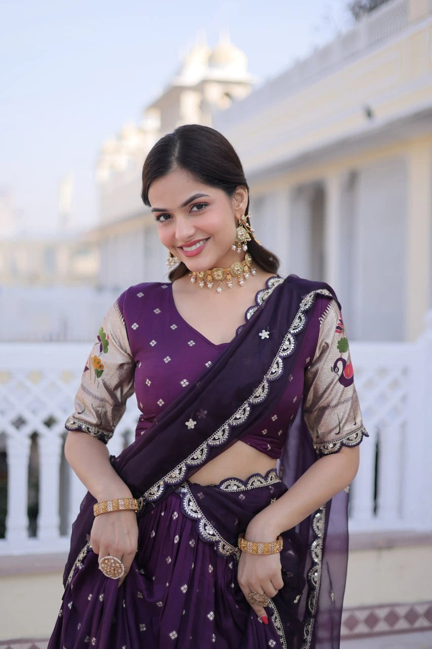 Dark Purple Pink Lace Work Dola Silk Lehenga