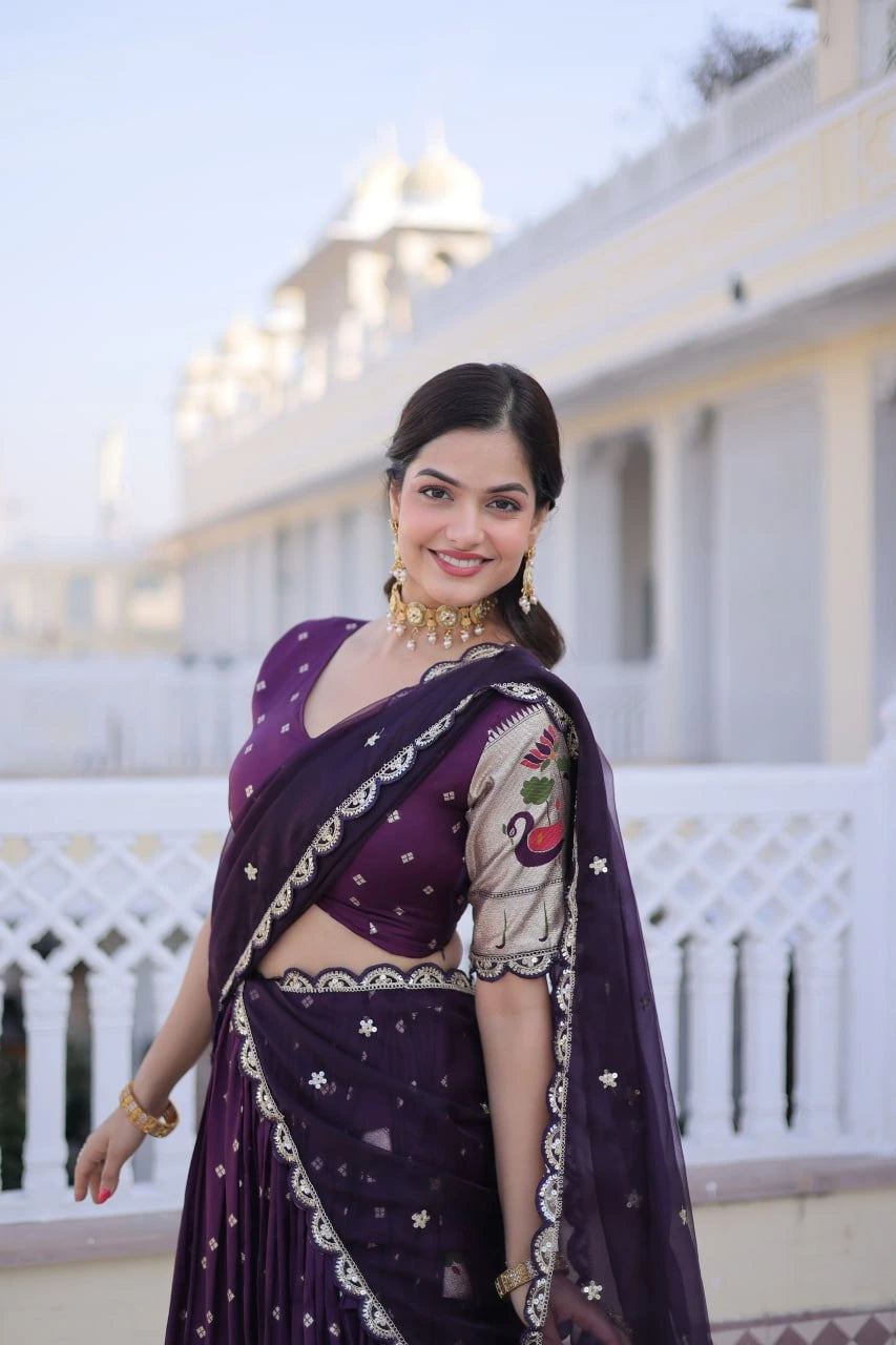 dark purple pink lace work dola silk lehenga
