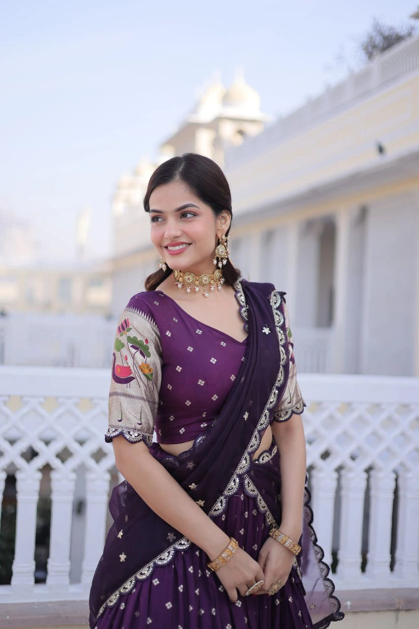 dark purple pink lace work dola silk lehenga