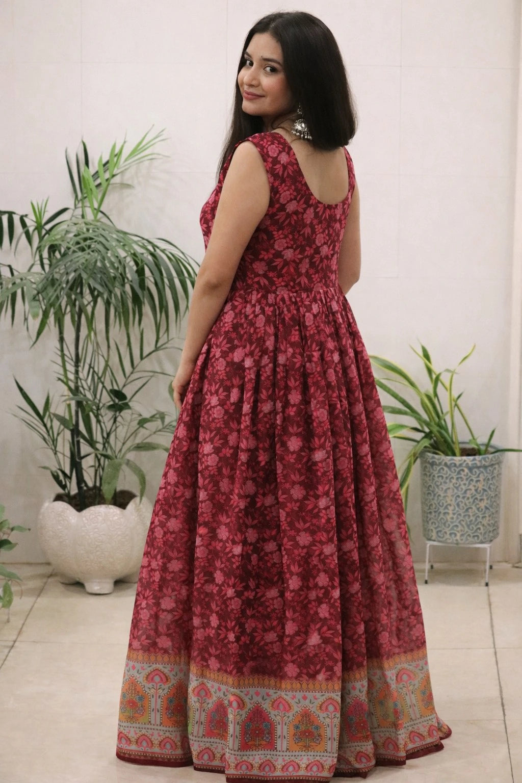 maroon organza silk gown