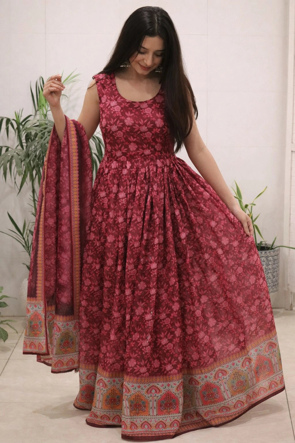 Maroon Organza Silk Gown
