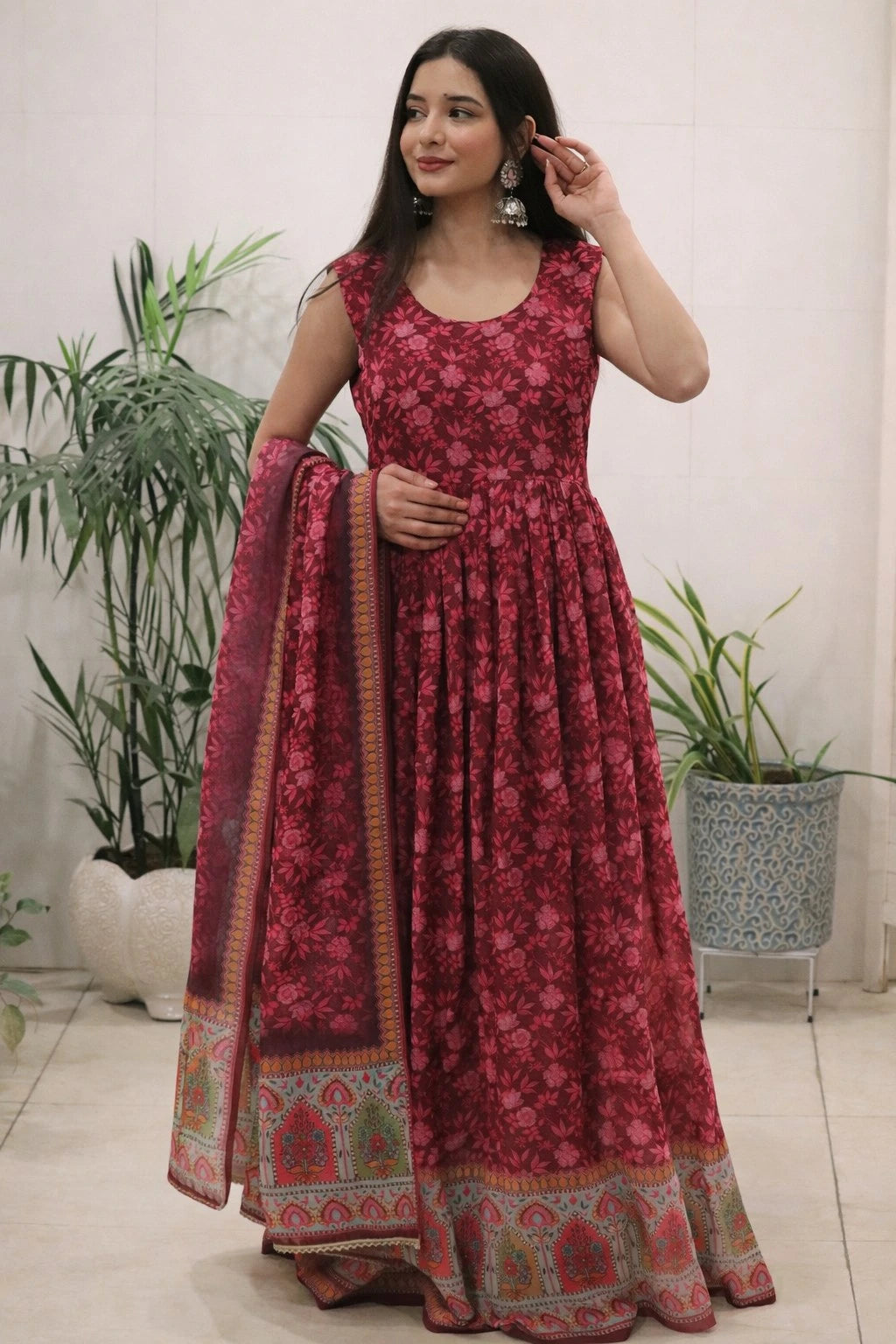 maroon organza silk gown