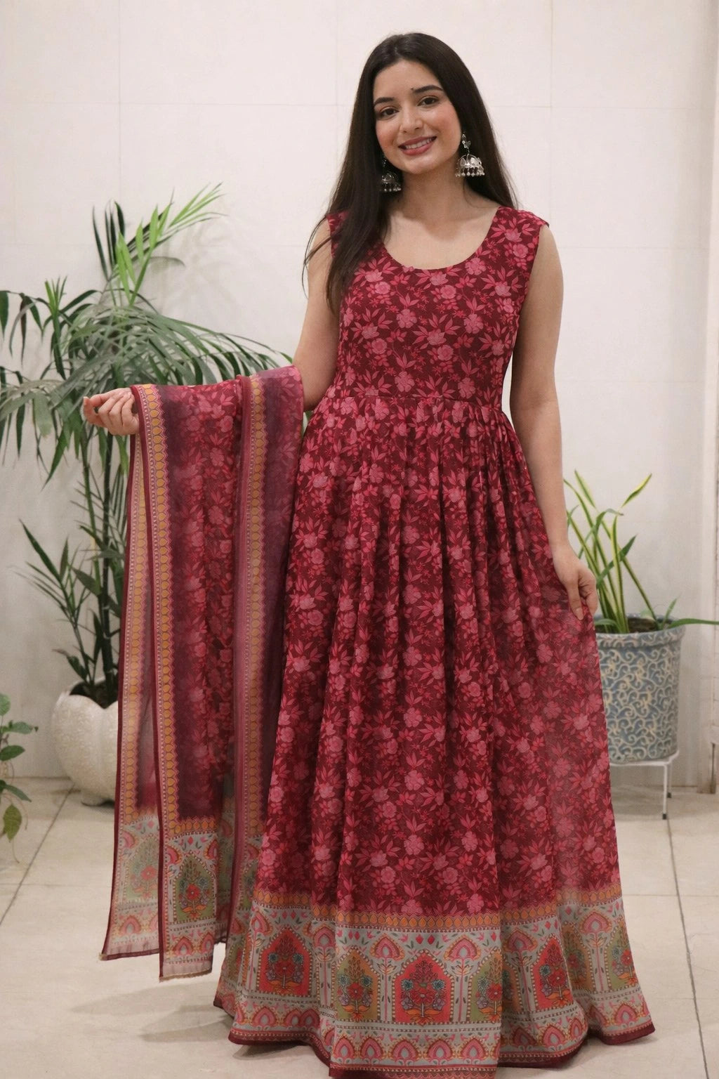 Maroon Organza Silk Dress