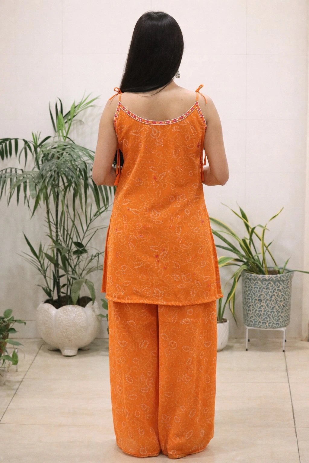 orange mirror thread work kurti