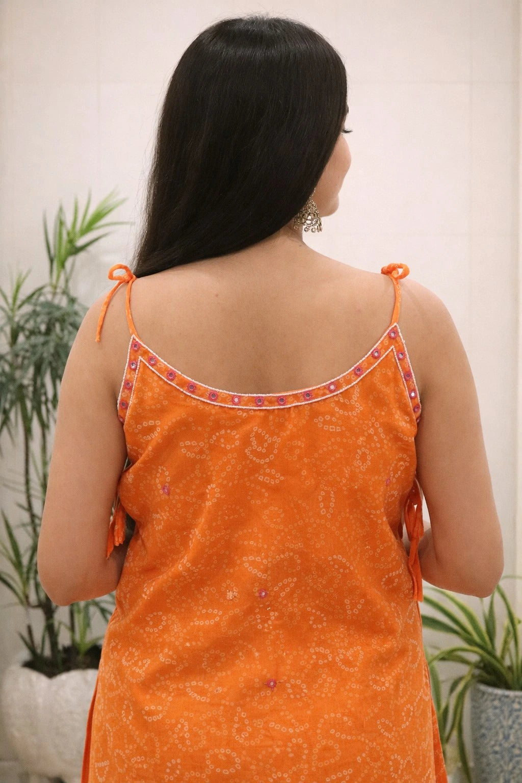 orange mirror thread work kurti