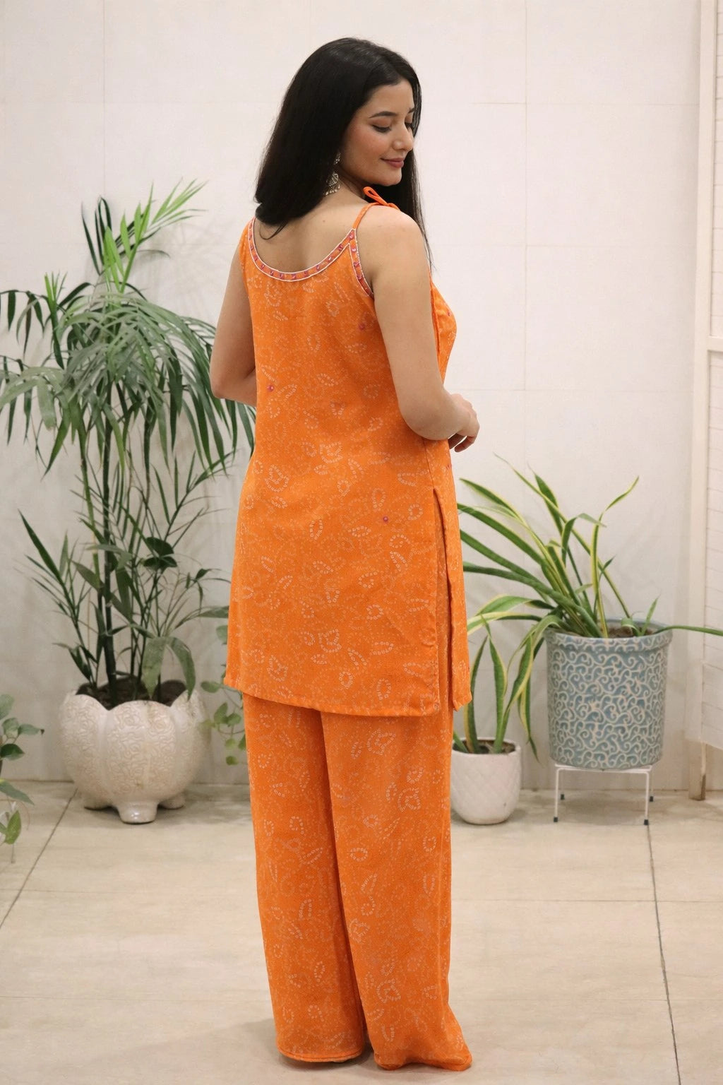 Orange Mirror Thread Work Kurti