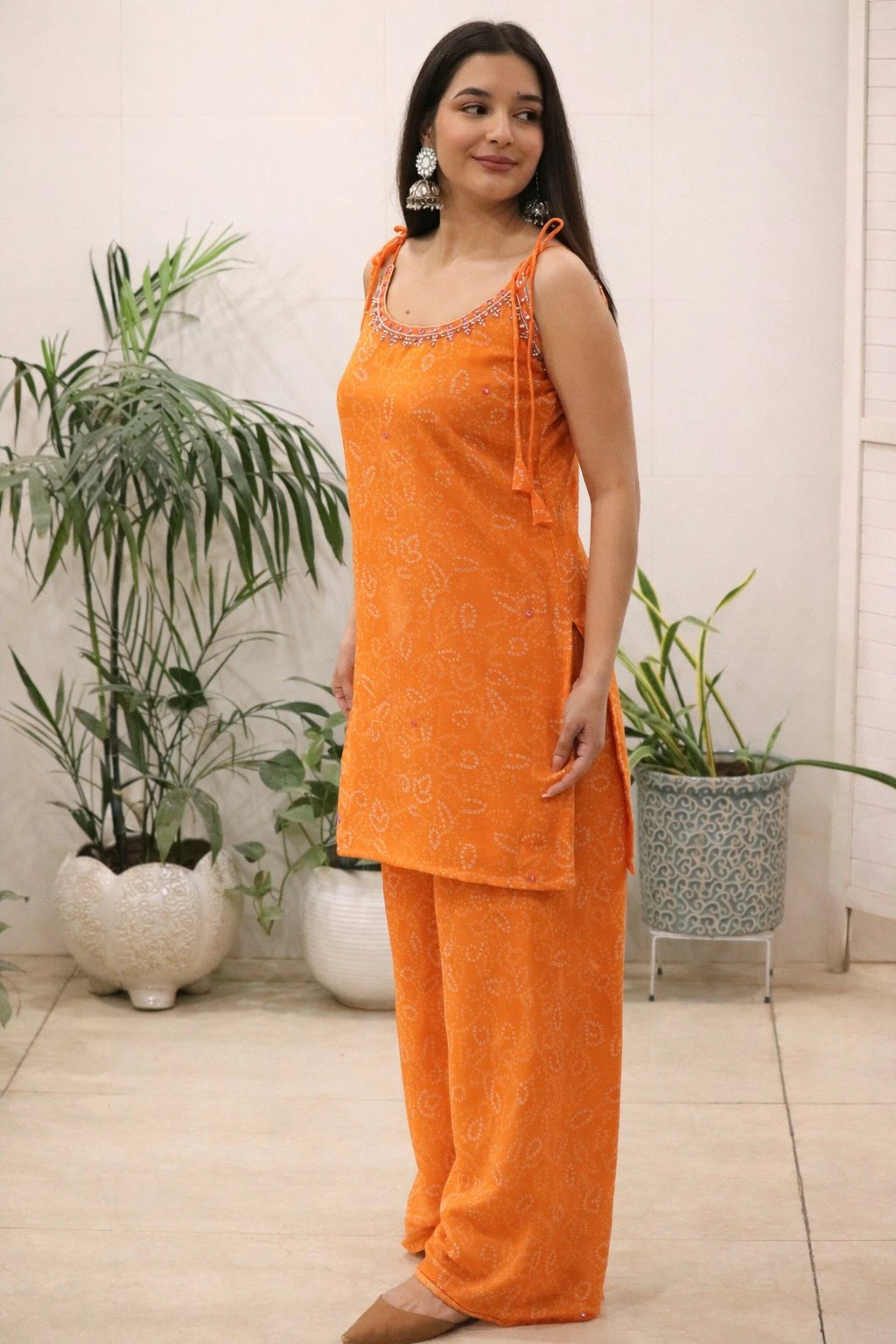 Orange Mirror Thread Work Kurti
