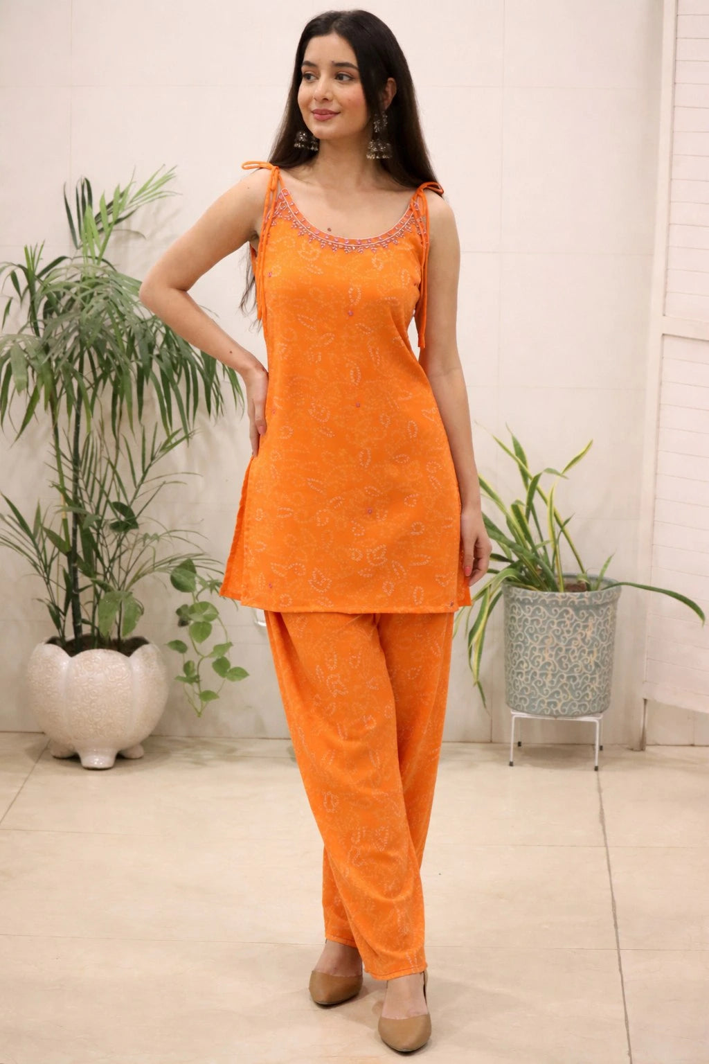 orange mirror thread work kurti
