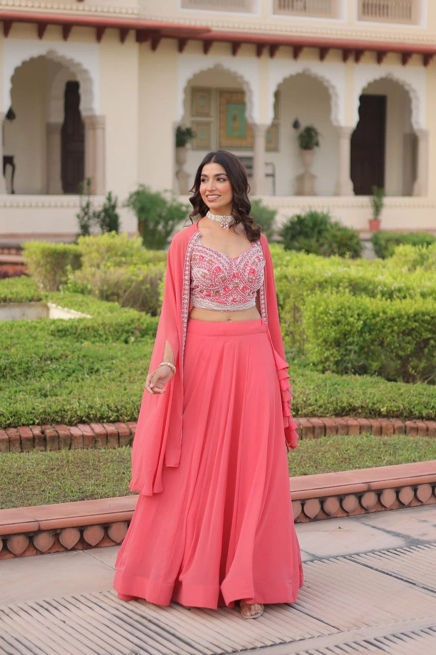 Pink Embroidered Faux Georgette Lehenga