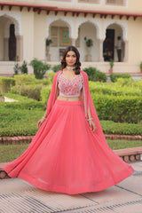 pink embroidered faux georgette lehenga