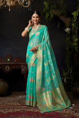 light teal organza khadi saree