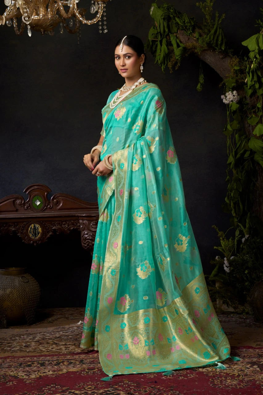 light teal organza khadi saree