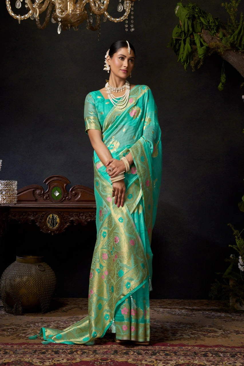 light teal organza khadi saree