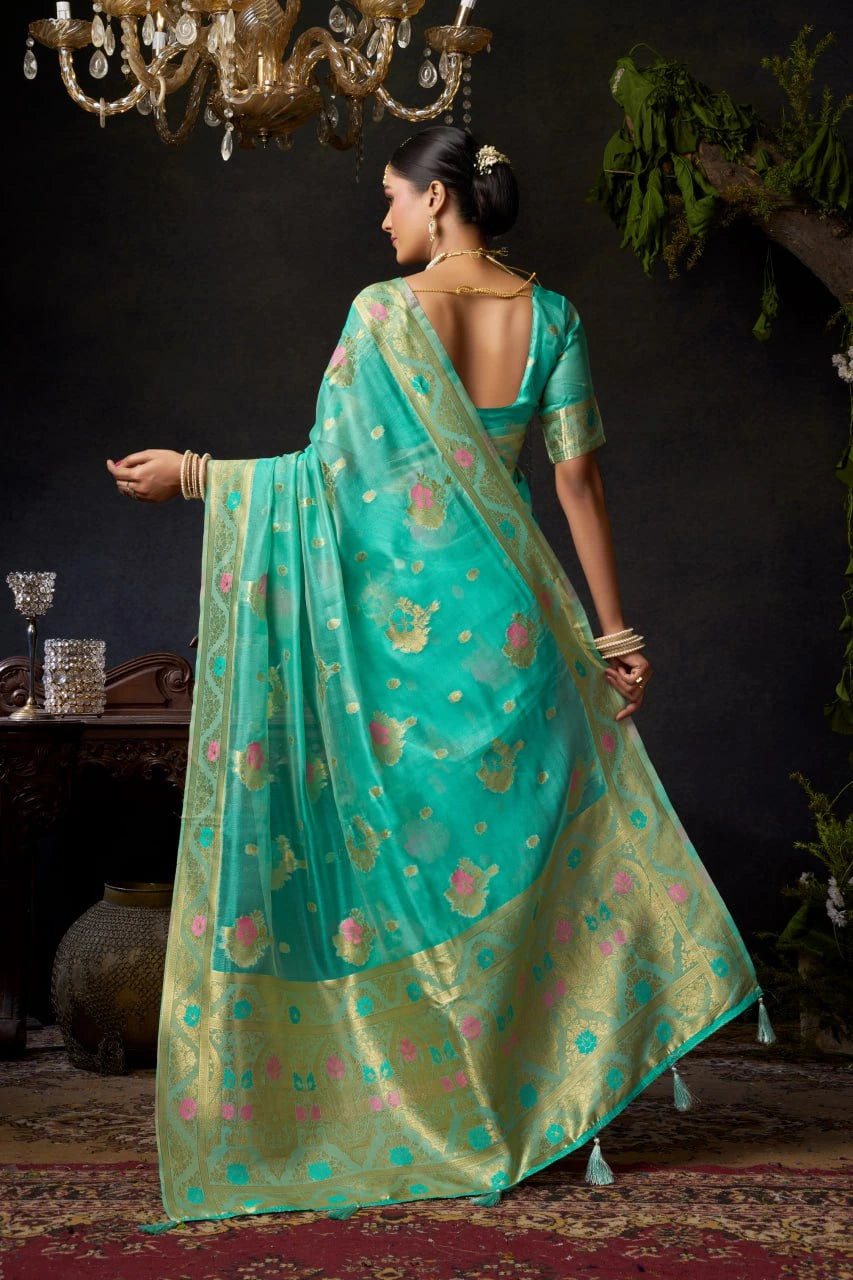 Light Teal Organza Khadi Saree