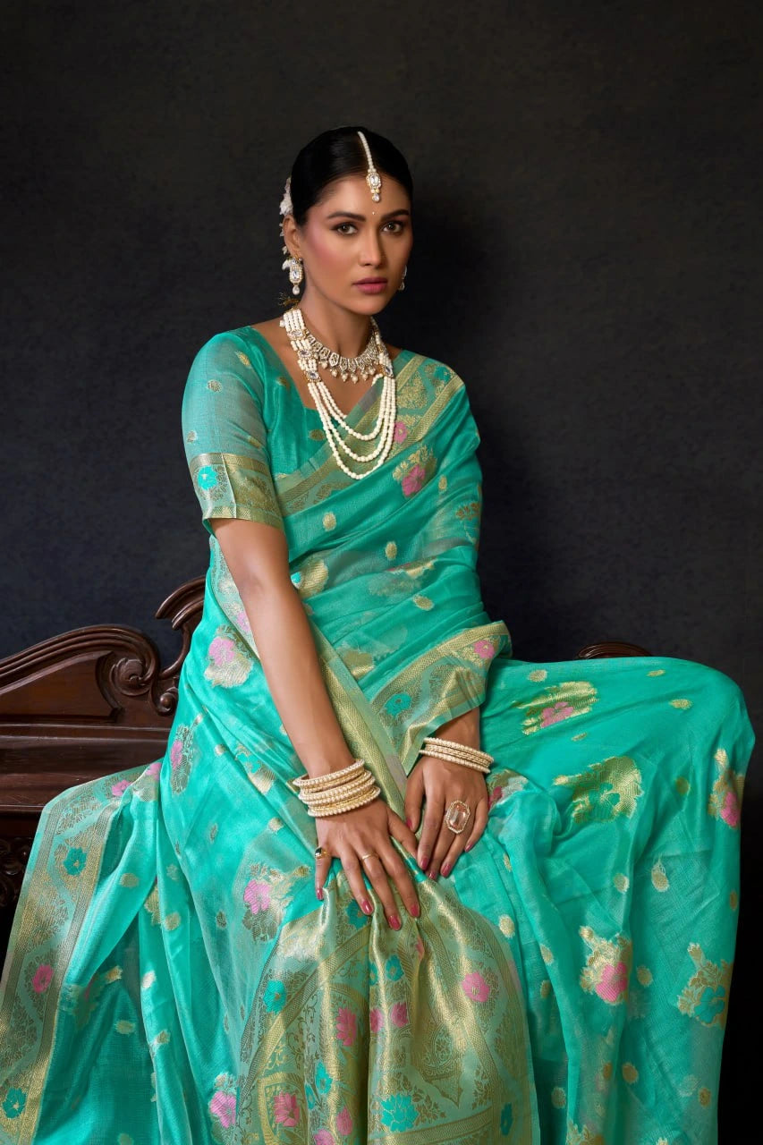 light teal organza khadi saree