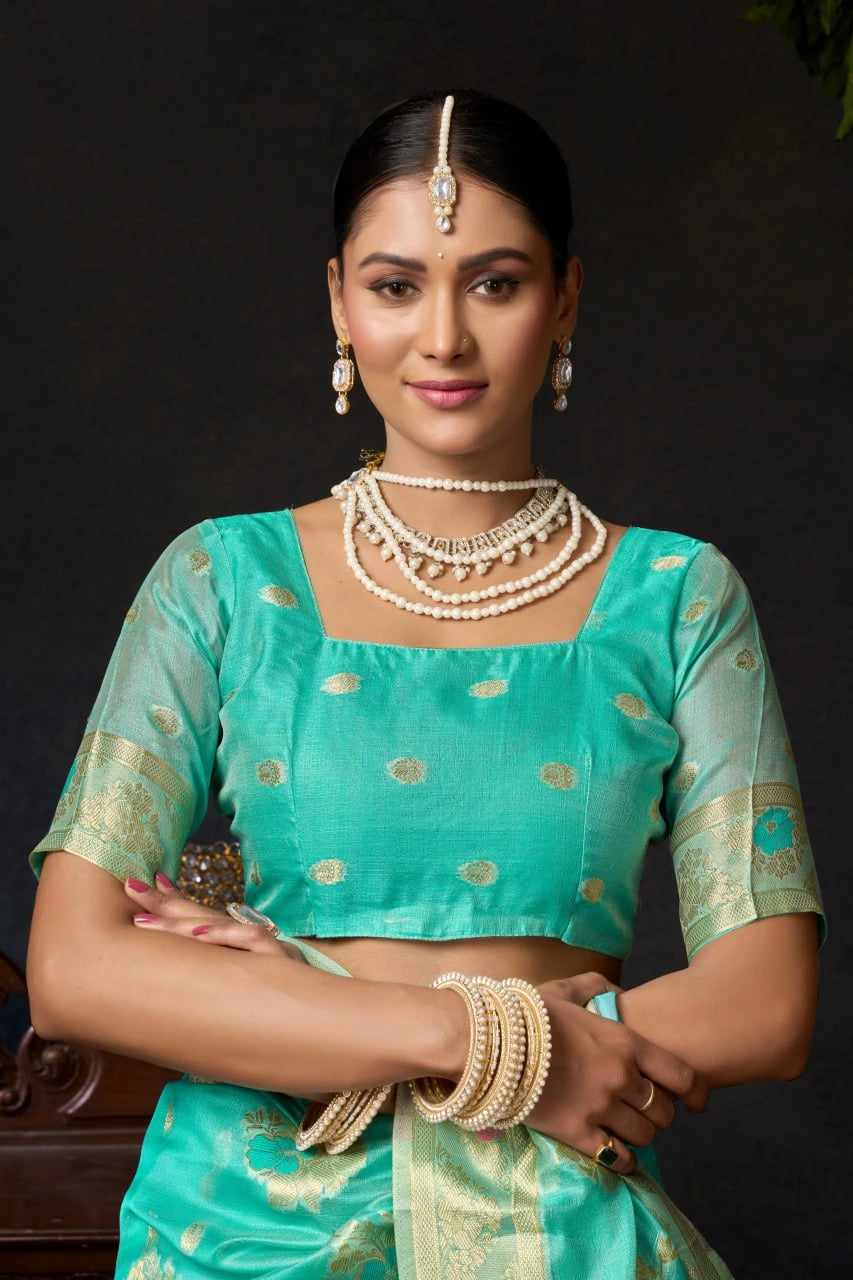 light teal organza khadi saree