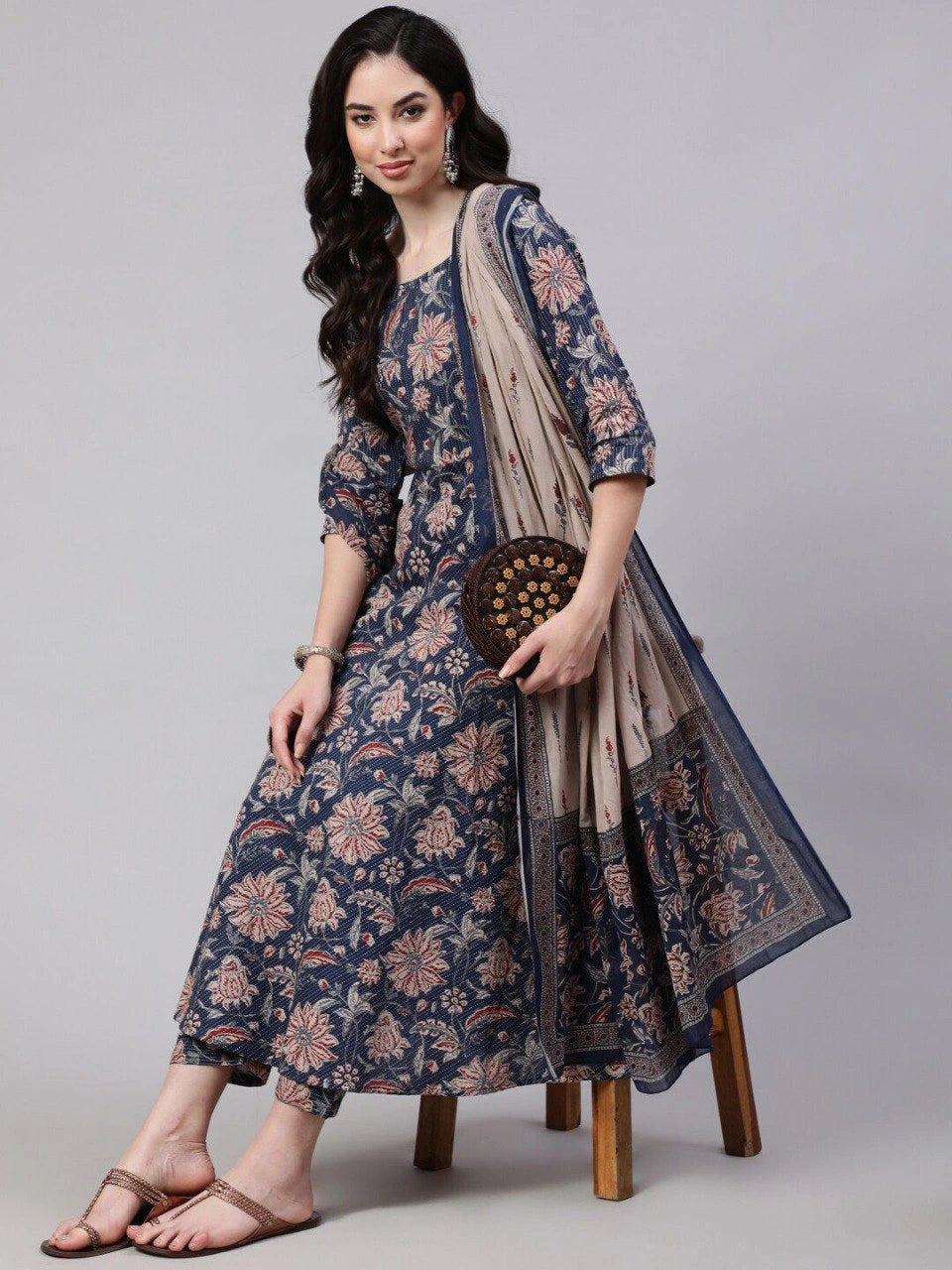 Black Digital Floral Printed Rayon Gown
