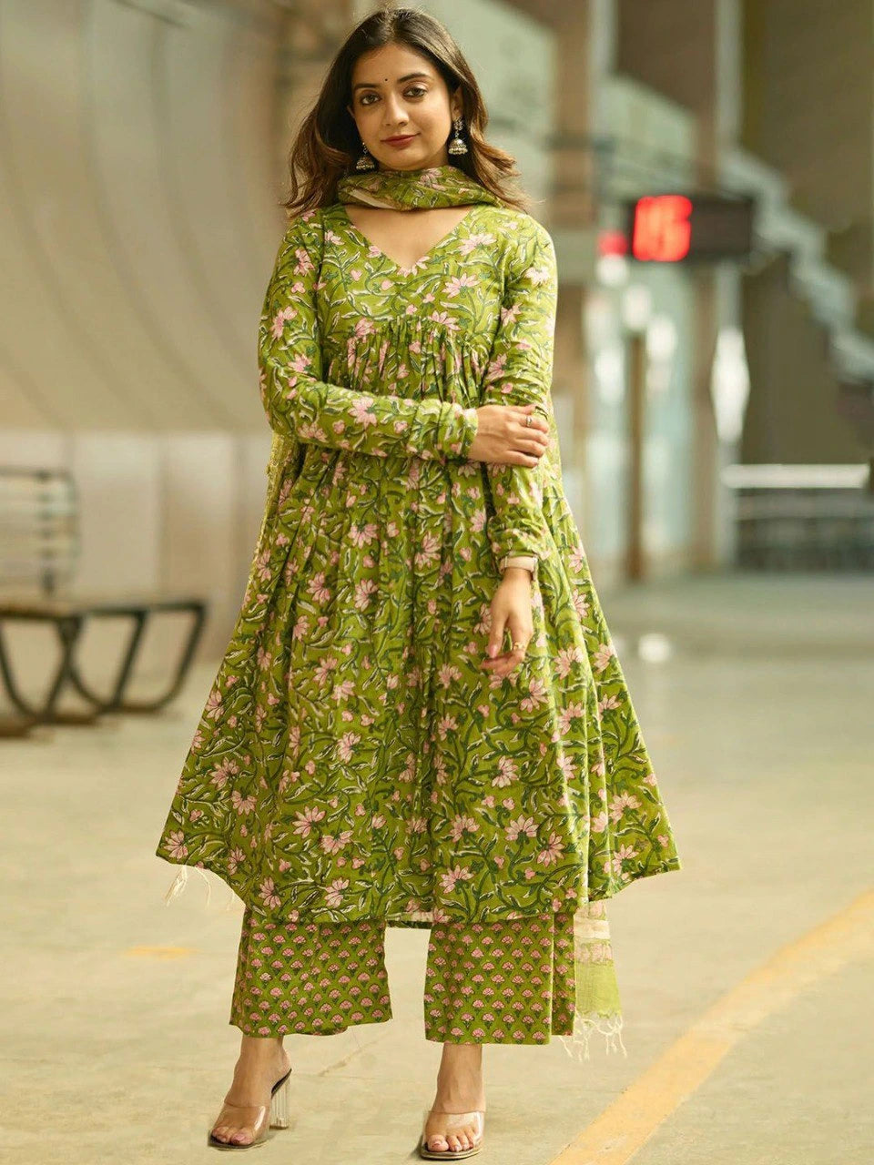 pista green printed rayon gown