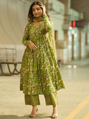 pista green printed rayon gown