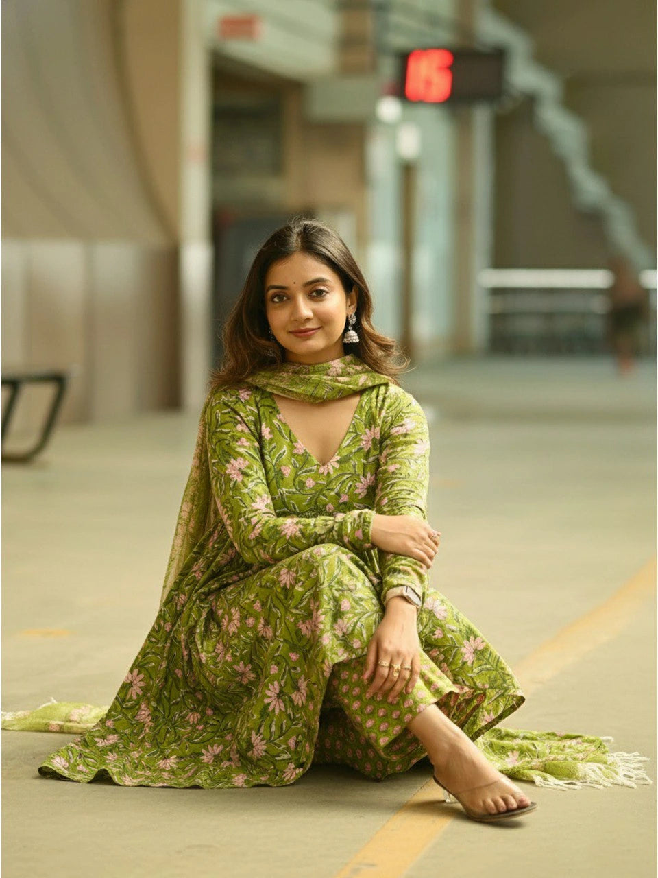 pista green printed rayon gown