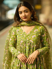 pista green printed rayon gown