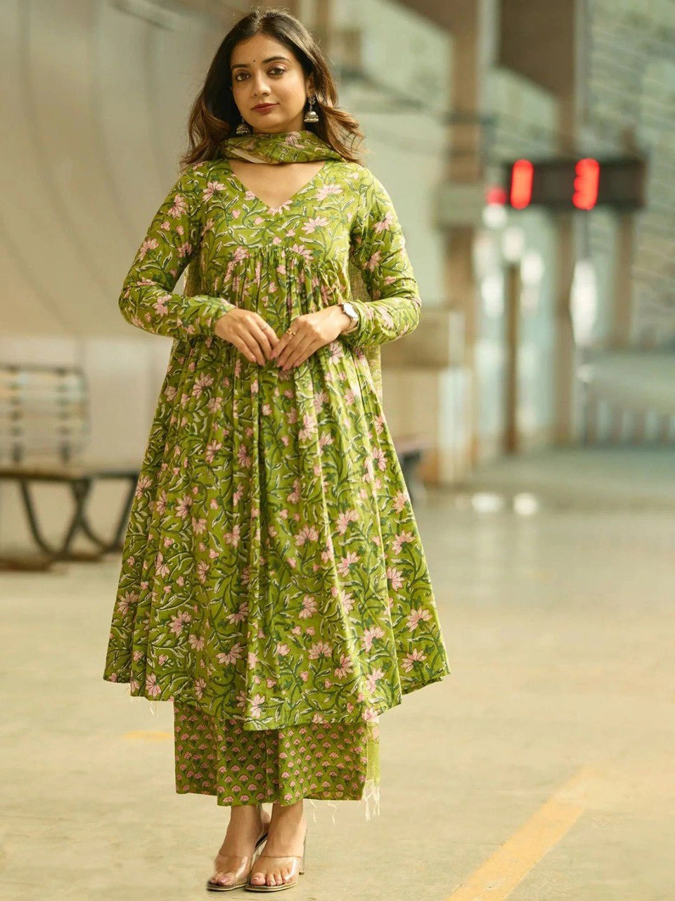 pista green printed rayon gown