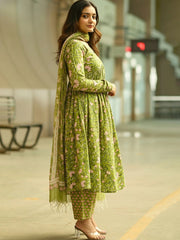 Pista Green Printed Rayon Gown