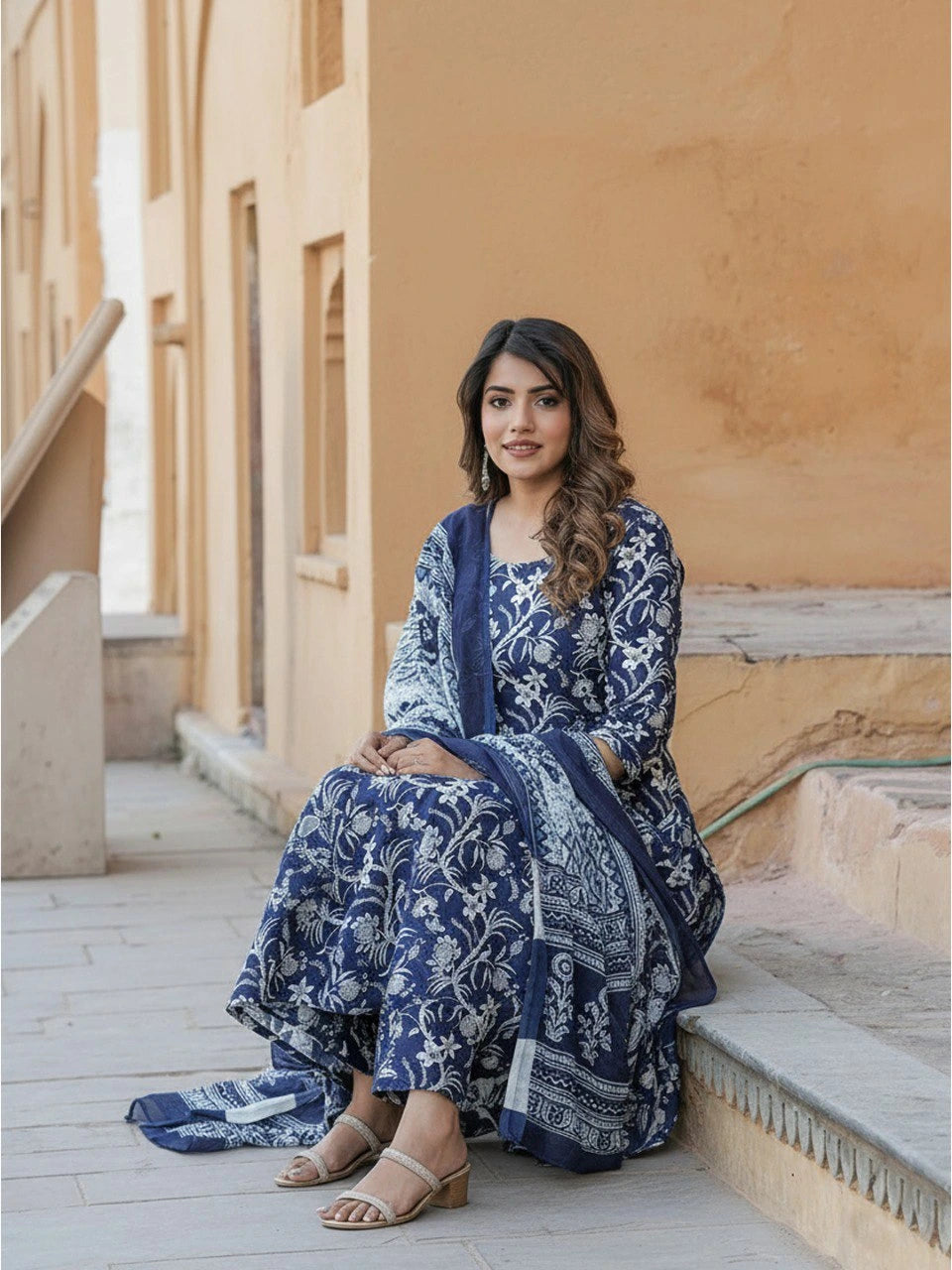 navy blue digital floral printed rayon gown
