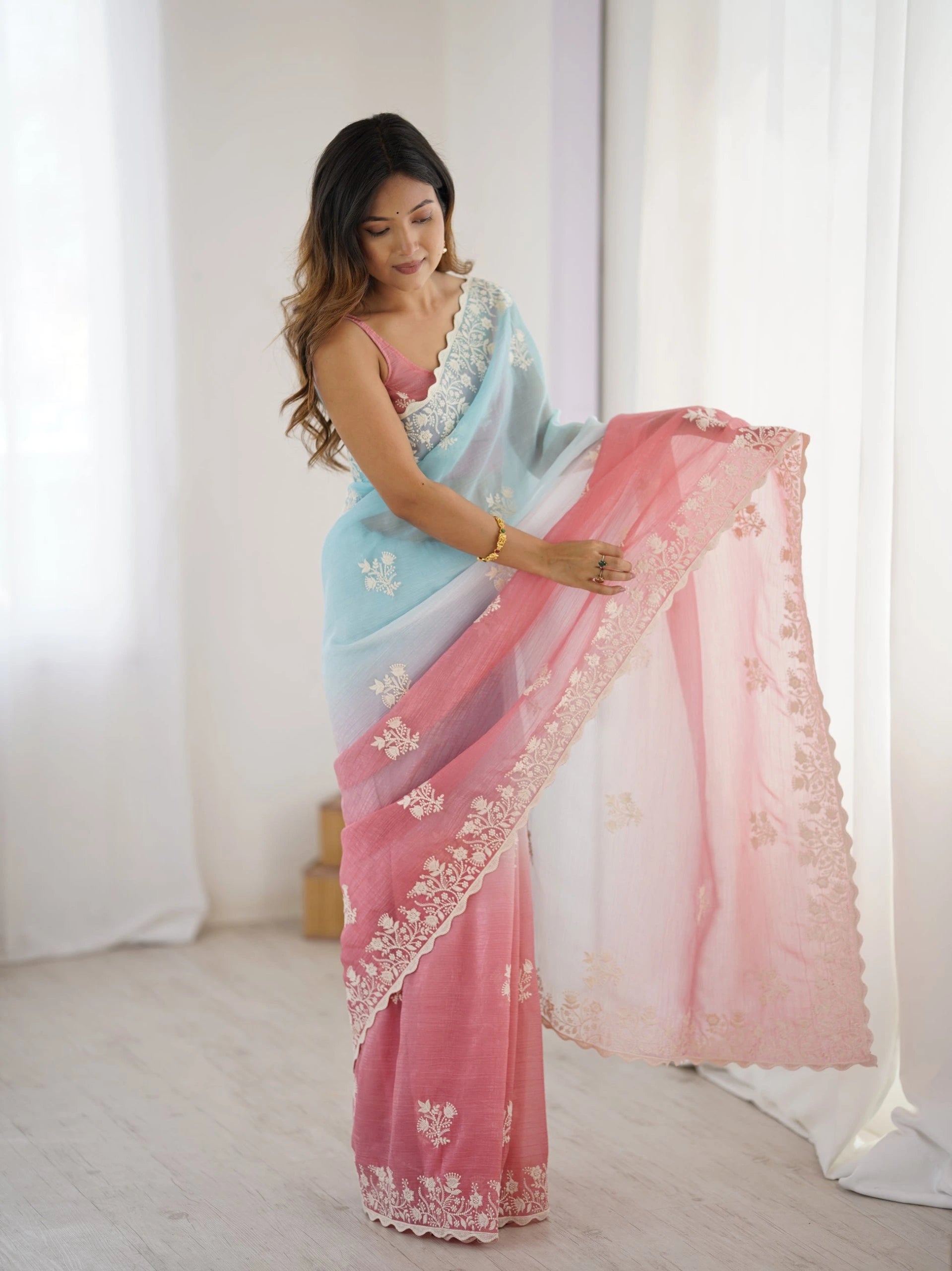Sky Blue Pink Thread Embroidered Cotton Saree