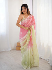 Pink Green Thread Embroidered Cotton Saree