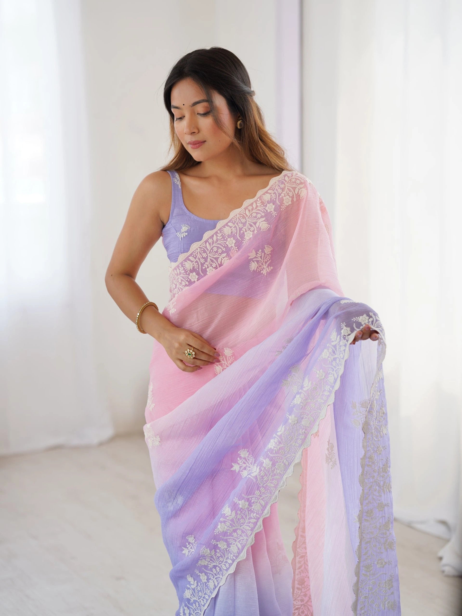 Pink Lavender Thread Embroidered Cotton Saree