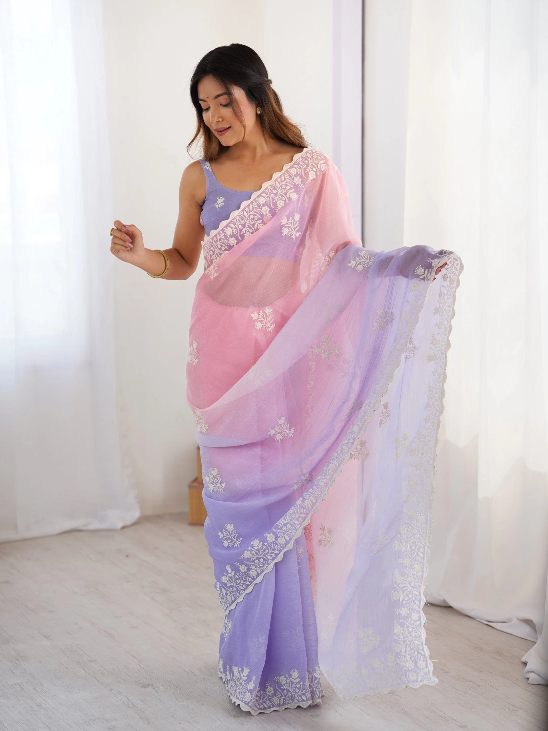 Pink Lavender Thread Embroidered Cotton Saree