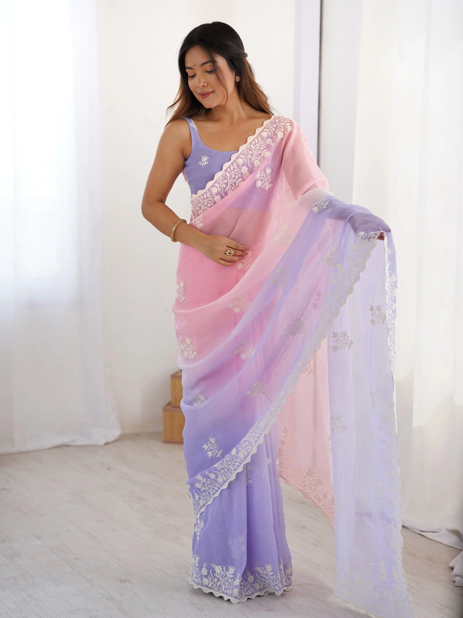 Pink Lavender Thread Embroidered Cotton Saree