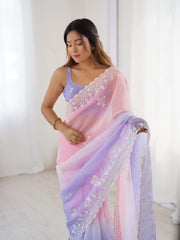 Pink Lavender Thread Embroidered Cotton Saree