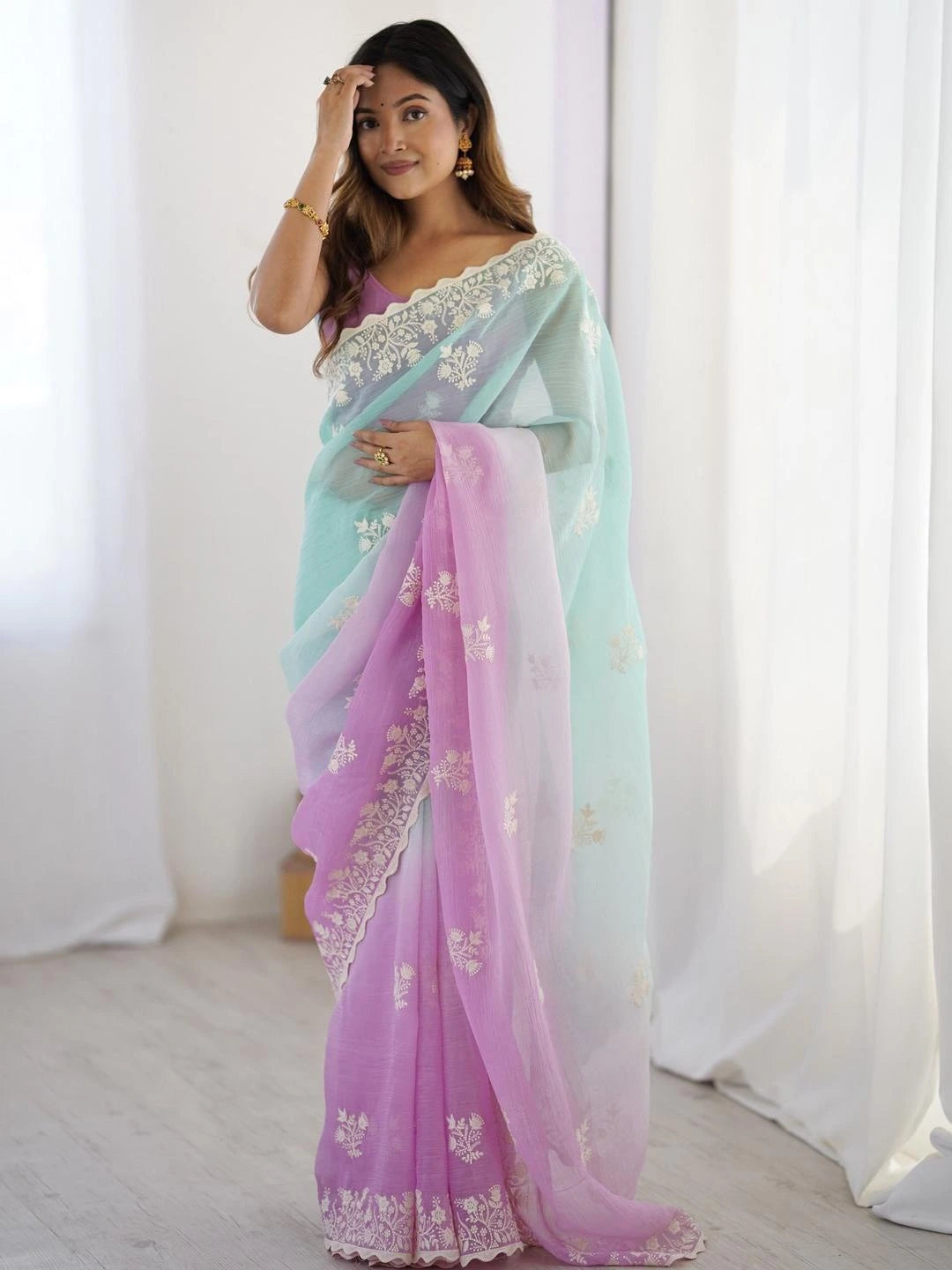dual-shaded purple and sea green chiffon saree