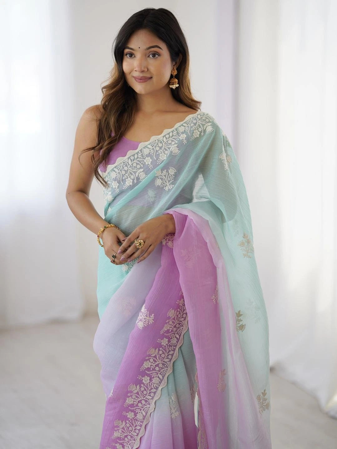 dual-shaded purple and sea green chiffon saree