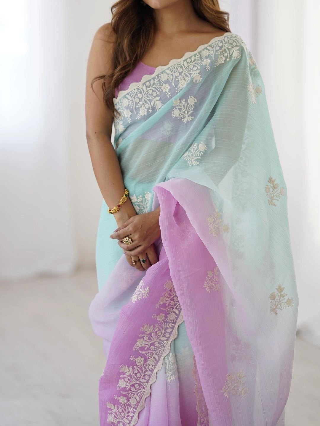 dual-shaded purple and sea green chiffon saree