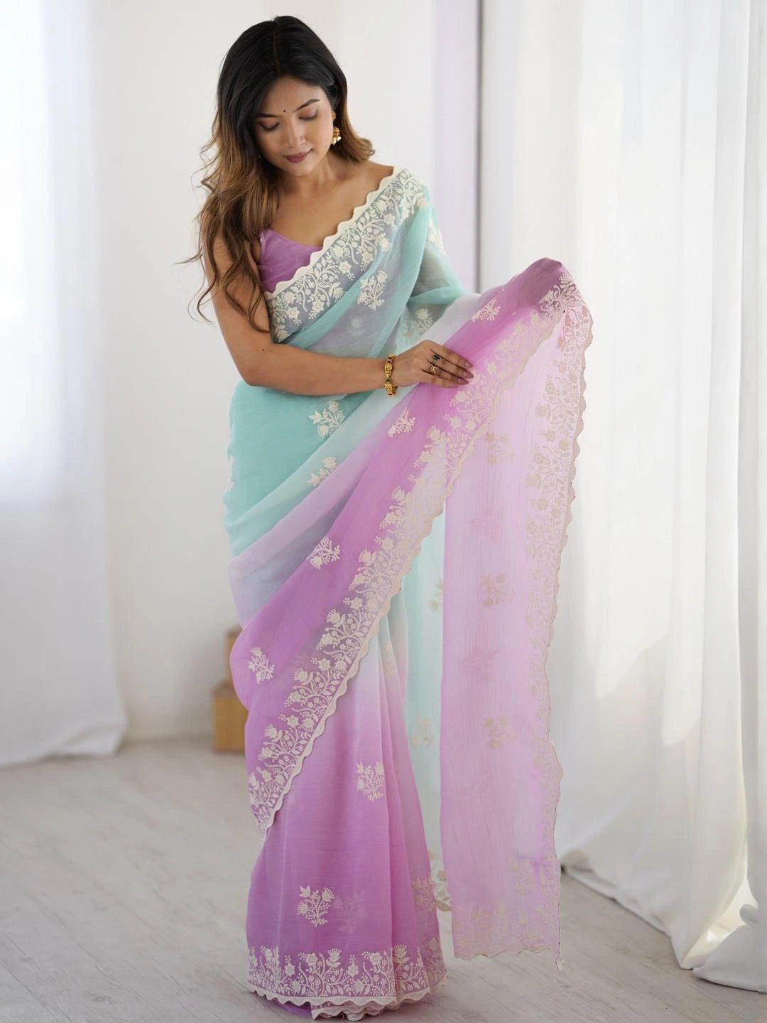 dual-shaded purple and sea green chiffon saree