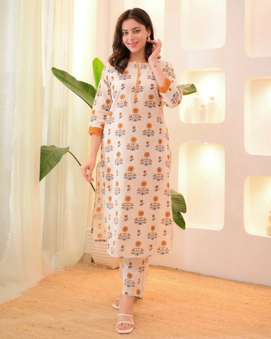 floral print cream rayon kurta and pant set