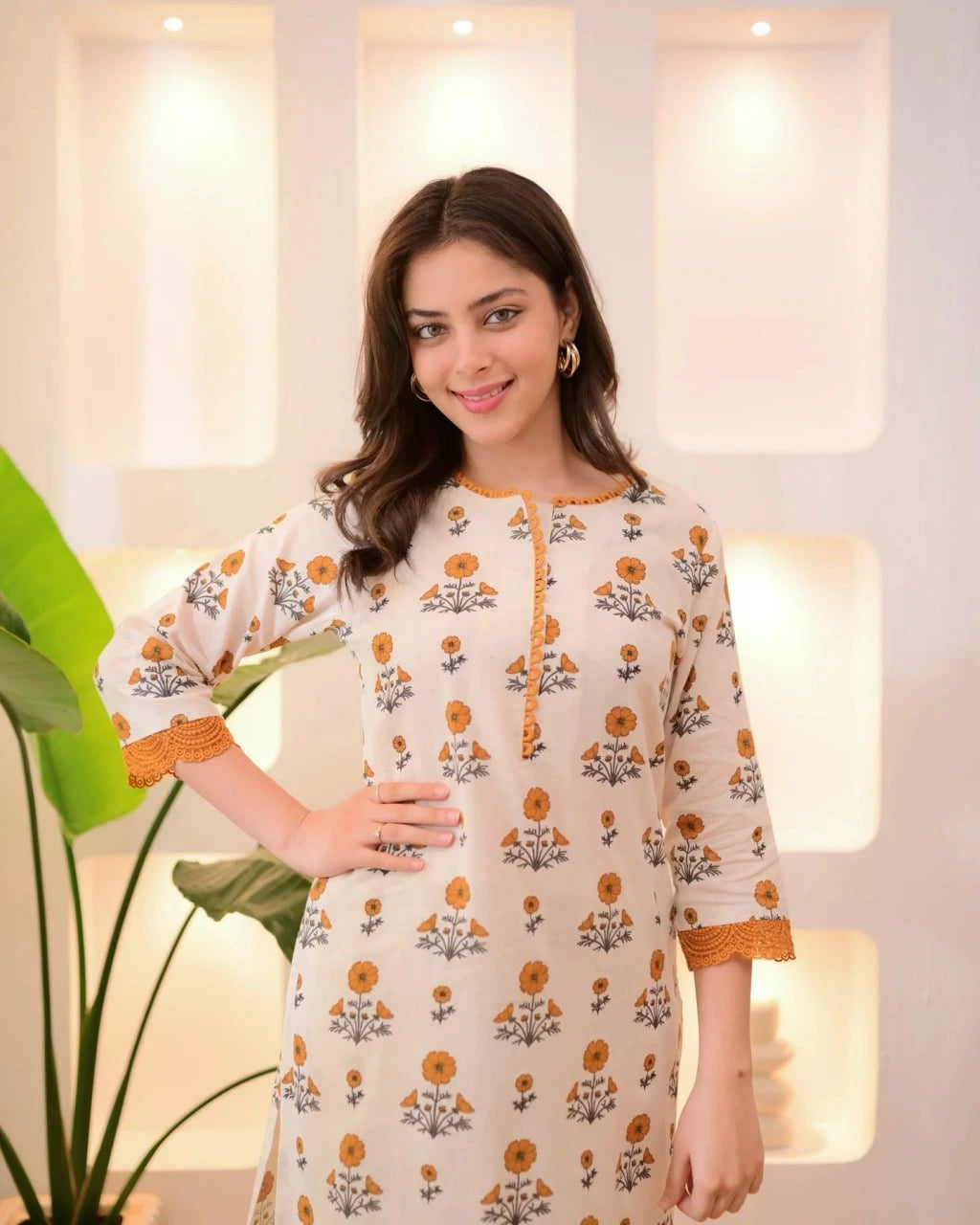 floral print cream rayon kurta set
