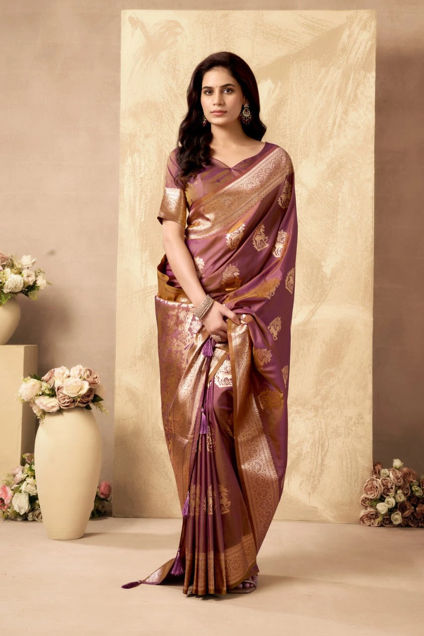 Art Silk Saree is a purple Banarasi-style