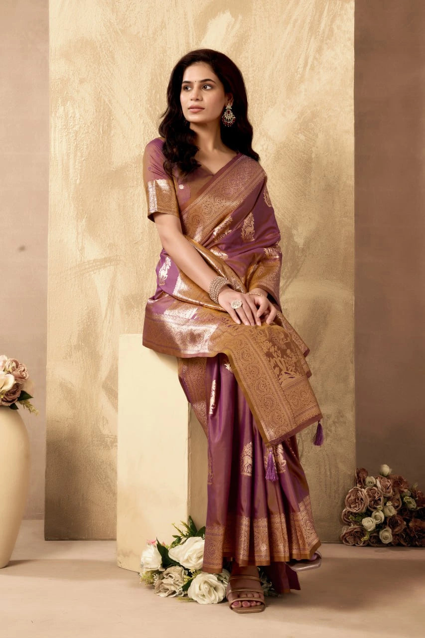 Art Silk Saree is a purple Banarasi-style