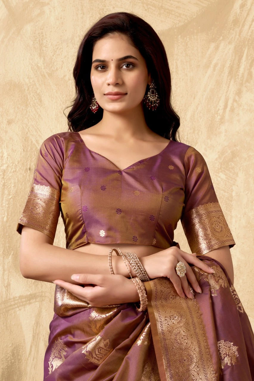 Art Silk Saree is a purple Banarasi-style with blouse