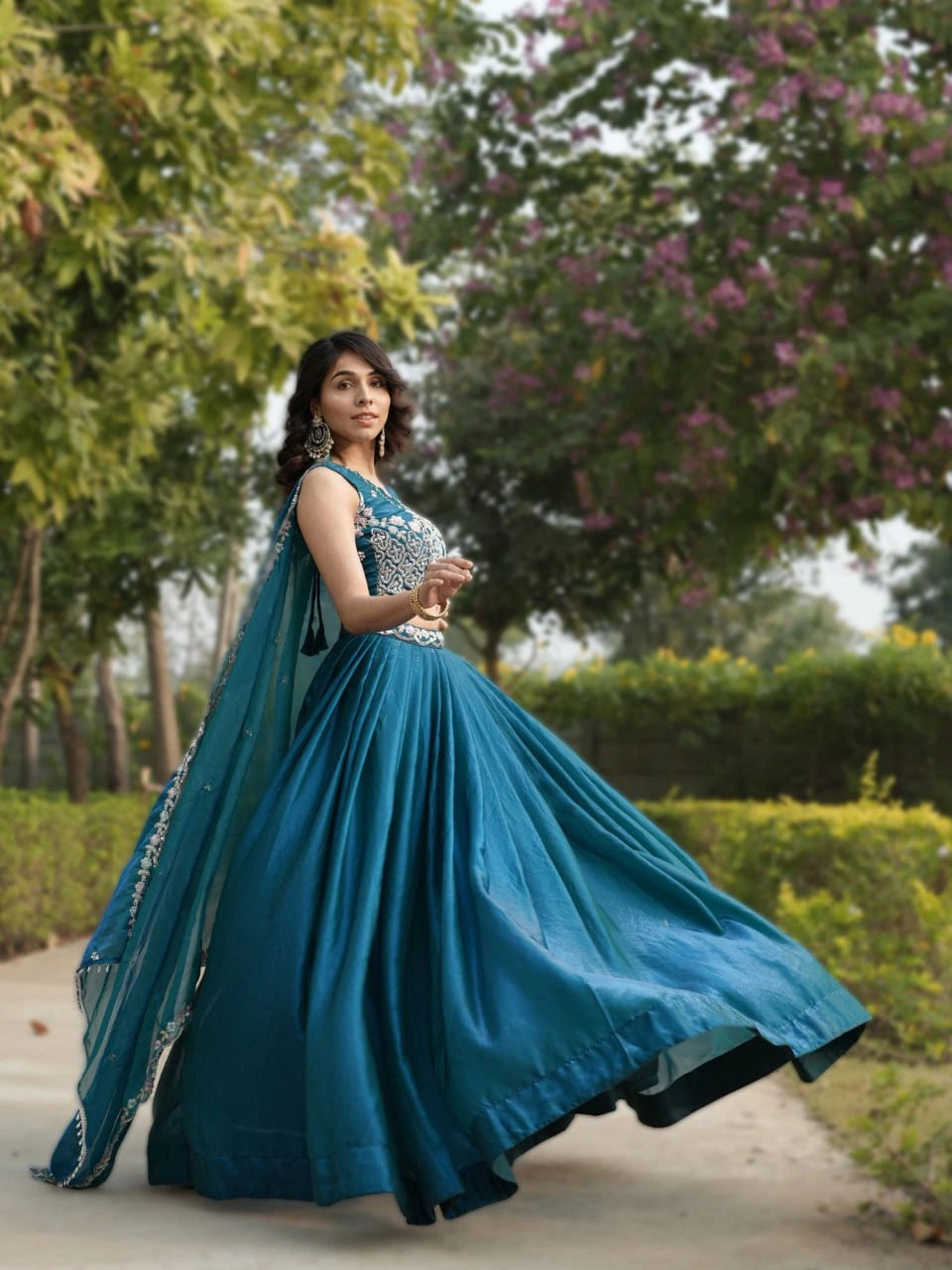 Dark Turquoise Beads Work Fendy Lehenga